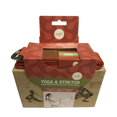 Maji Sports Laser Engraved Bamboo Yoga Block & Strap Combo